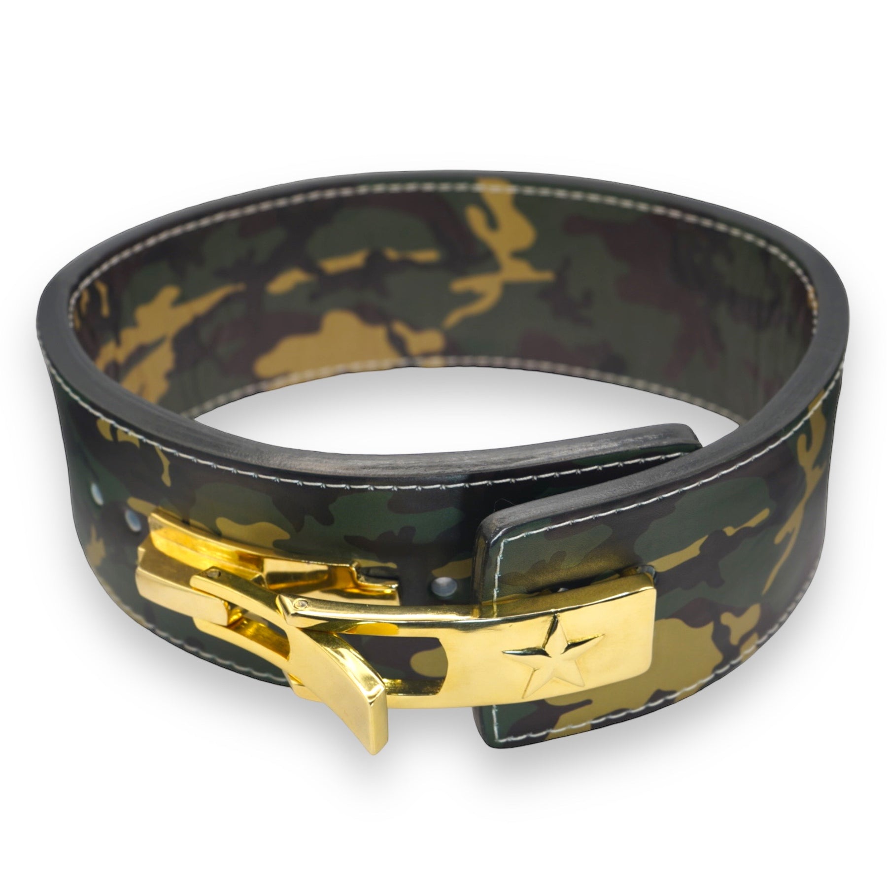 Dysel Powerlifting Belt - Woodland Camo With Gold Lever